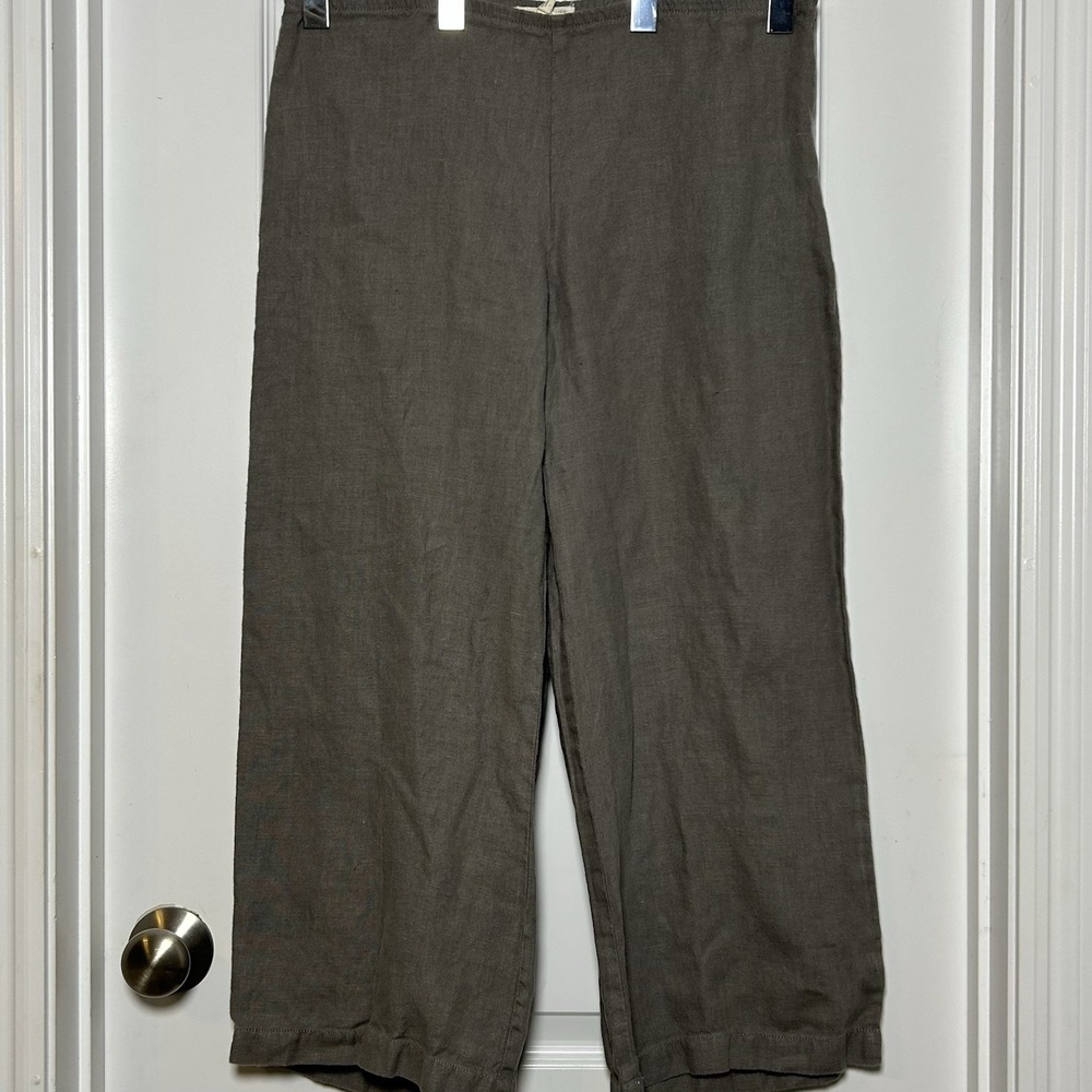 Eileen Fisher 100% Linen Taupe Gray Wide Leg Cropped Pants Quiet Luxury Style